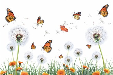 Obraz premium Isolated vector illustration of a blooming dandelion with spring butterflies on a white background, fresh and vibrant