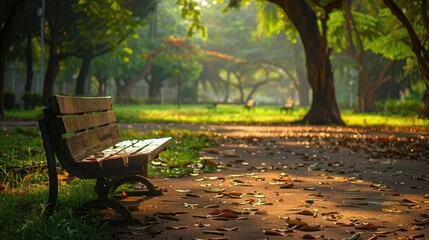 Fototapeta premium A park provides a spot to sit with a wooden bench