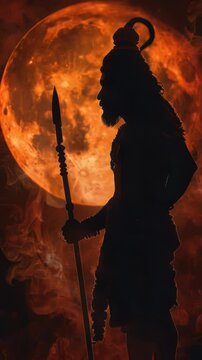 Man with spear under full moon