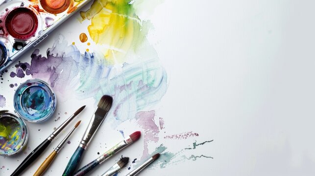Watercolor painting tools on white table with space for text
