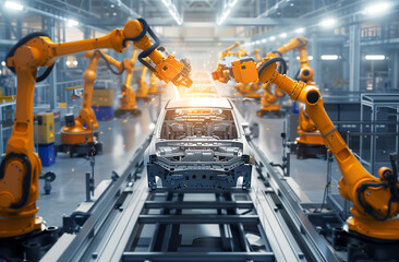 Car production line with robotic arms on the factory