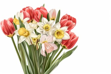 Obraz premium Isolated vector illustration of a bouquet of tulips and daffodils on a white background, fresh and colorful, symbolizing spring 