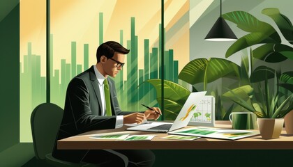Naklejka premium Confident businessman working on laptop in modern office with green city view.