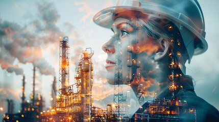 Obraz premium Woman In Hard Hat In Front of Industrial Complex.