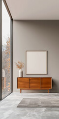 Modern sideboard next to a window providing natural lighting to a room in a residential interior design composition. Real Estate home decor scenes.