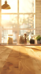 Blurred background of empty wooden table in the kitchen