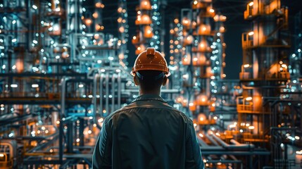 Fototapeta premium Industrial worker standing in front of a complex factory setting.