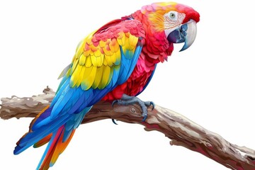 Fototapeta premium Isolated vector illustration of a colorful parrot perched on a branch, vibrant and summery, on a white isolated background