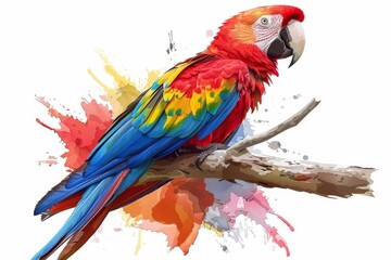 Obraz premium Isolated vector illustration of a colorful parrot perched on a branch, vibrant and summery, on a white isolated background
