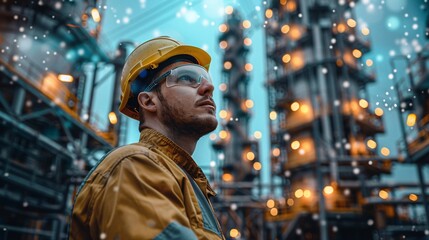Fototapeta premium Industrial worker in a yellow hardhat and safety glasses looking at a refinery.