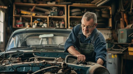Fototapeta premium Man in his forties repairing a vintage car in his garage workshop