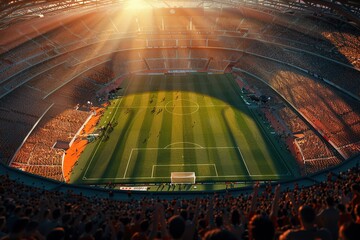 Empty football soccer arena tribunes without fans. Soccer football event cancellation,sport stadium field, closed stadium due to pandemic.