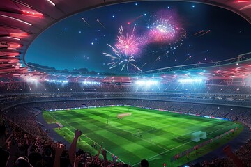 Celebration on soccer stadium arena. fireworks effects, fans. opening game. 3d render