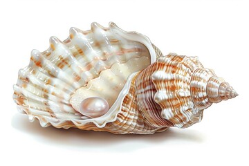 Obraz premium Isolated vector illustration of a detailed seashell with a pearl inside, whimsical and summery, found on summer beaches, on a white isolated background 