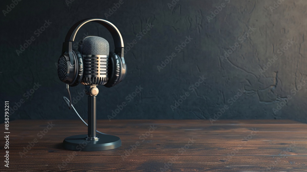 Poster a 3d rendering of a podcasting and radio concept features a retro microphone and headphones placed o