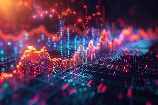 Abstract digital data visualization with colorful lines and dots representing growth and progress.