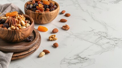 Fototapeta premium Assorted dried fruits nuts and copy space on beige ceramic and wooden bowl