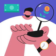 Green investments with boy. Business concept for investment and finance growth. Plant with coin. Environmental social and corporate governance. Flat vector illustration.