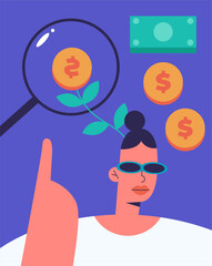 Green investments with business women. Business concept for investment and finance growth. Plant with coin. Environmental social and corporate governance. Flat vector illustration.