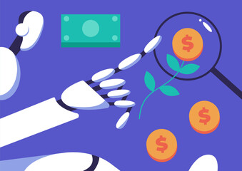 Green investments with robot. Business concept for investment and finance growth. Plant with coin. Environmental social and corporate governance. Flat vector illustration.