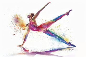 A vibrant, artistic depiction of a female dancer in a colorful pose with splashes of paint, blending movement and creativity beautifully.