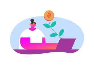 Green investments. Business concept for investment and finance growth. Plant with coin and Girl with laptop. Environmental social and corporate governance. Flat vector illustration.