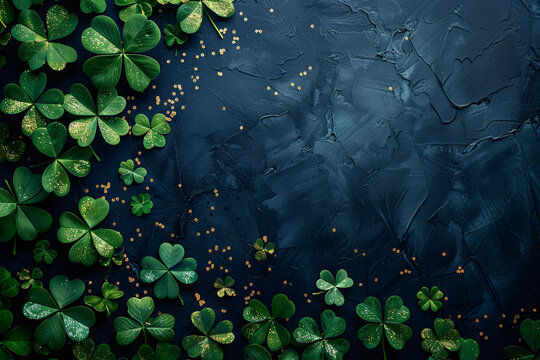 St. Patrick's Day decoration with shamrock and glitter on black background. Perfect for holiday-themed designs and concepts.