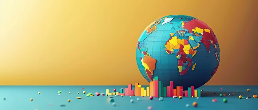 Colorful Globe with Bar Graphs and Scatter Plot on Blue Surface Against Gradient Background