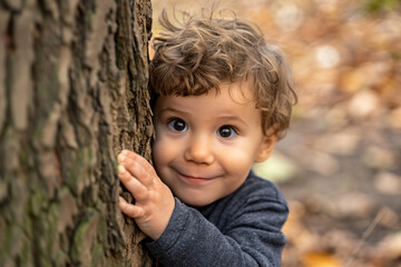 a young boy is peeking his head out of a tree