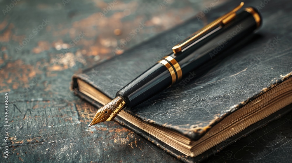Poster close up of stationary pen with notebook and texture for text placement