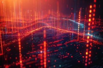 Fototapeta premium Abstract digital data flow with glowing red lines and dots, creating a futuristic and dynamic background.