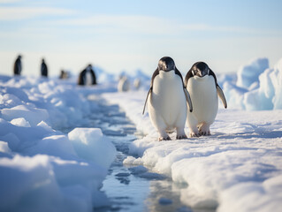 Fototapeta premium Penguins march in unison across the ice, with their reflections visible in the frozen water below