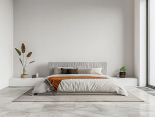 Minimalistic bedroom with minimal furniture, a bed, a window providing lighting and copy space for text. Residential Real Estate interiors composition for advertising.
