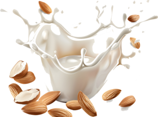 Ambulance milk splashes with almond nuts isolated on white background,