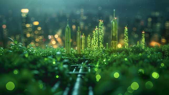 Illustrate a sustainable business environment with eco-friendly practices, renewable energy, green architecture, and environmentally conscious office spaces.