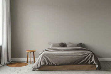 Minimalistic bedroom with minimal furniture, a bed, a window providing lighting and copy space for text. Residential Real Estate interiors composition for advertising.