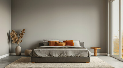 Minimalistic bedroom with minimal furniture, a bed, a window providing lighting and copy space for text. Residential Real Estate interiors composition for advertising.