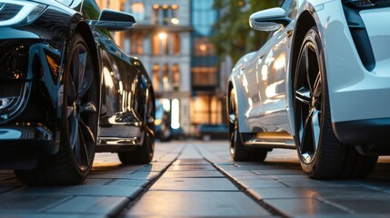 Naklejka premium Two cars are parked on a paved urban street. The black and white vehicles have modern designs with prominent wheel rims.