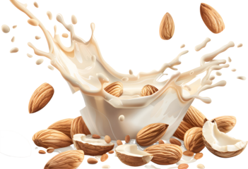 Ambulance milk splashes with almond nuts isolated on white background,