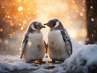 Fototapeta premium Penguins playfully interacting with each other, sliding and tumbling in the snow
