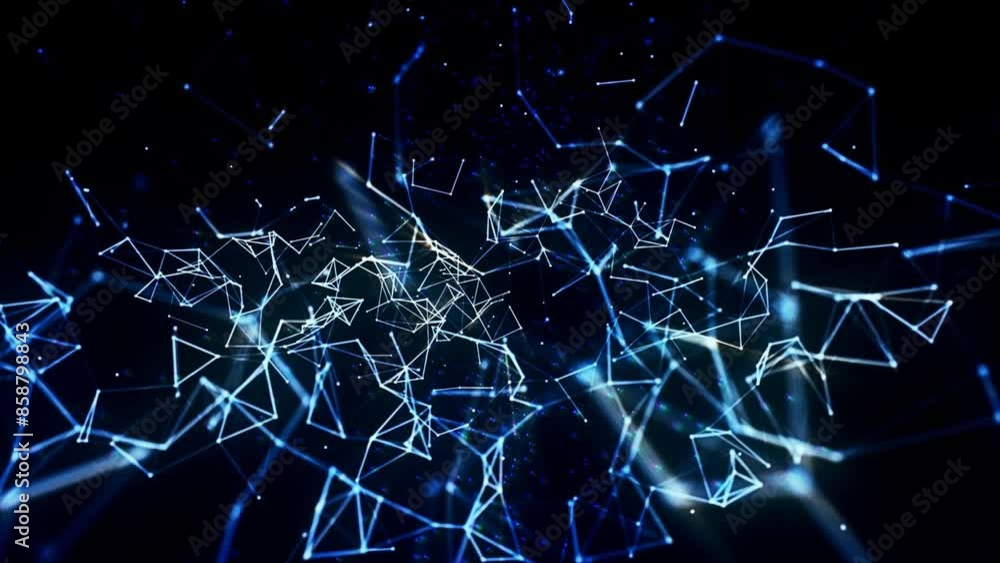 Poster abstract background of neon blue moving lines connected to form a plexus. science and technology, ne