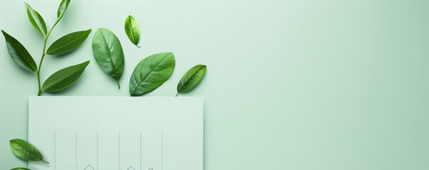 Against a minimalist backdrop, a financial report with vibrant green charts is complemented by fresh leaves, representing the integration of sustainability into investment strategies. The image