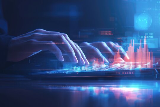Hand typing on a keyboard with a light glow, binary code streams, and a stock market graph overlay in the background, representing digital financial technology.