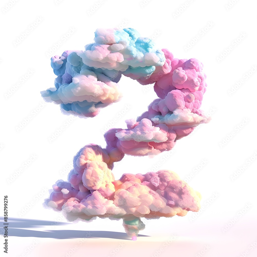 Poster pastel clouds forming the number 2 in a dawn sky with abstract 3d rendering