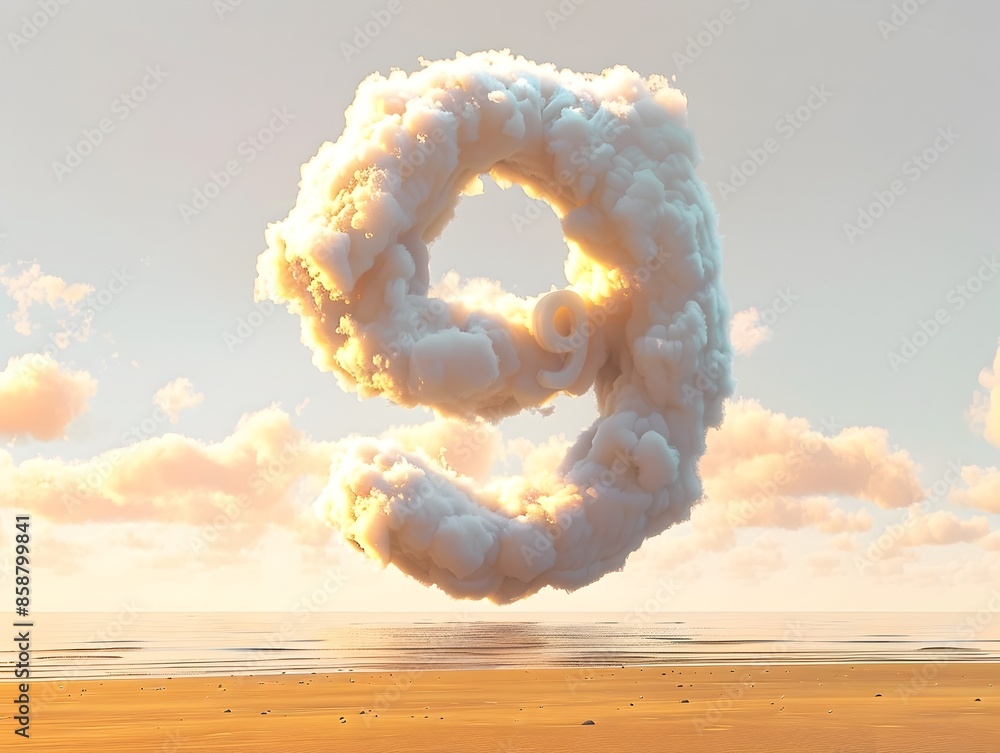 Poster radiant clouds in the shape of number 9 hovering over golden dusk beach