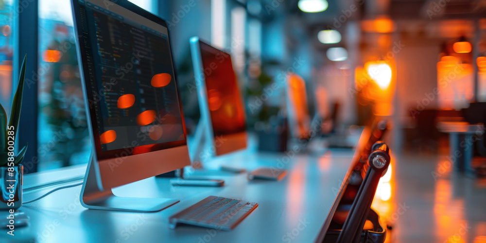 Poster row of modern office computers with vibrant screens in a workspace setting, illuminated by warm, amb