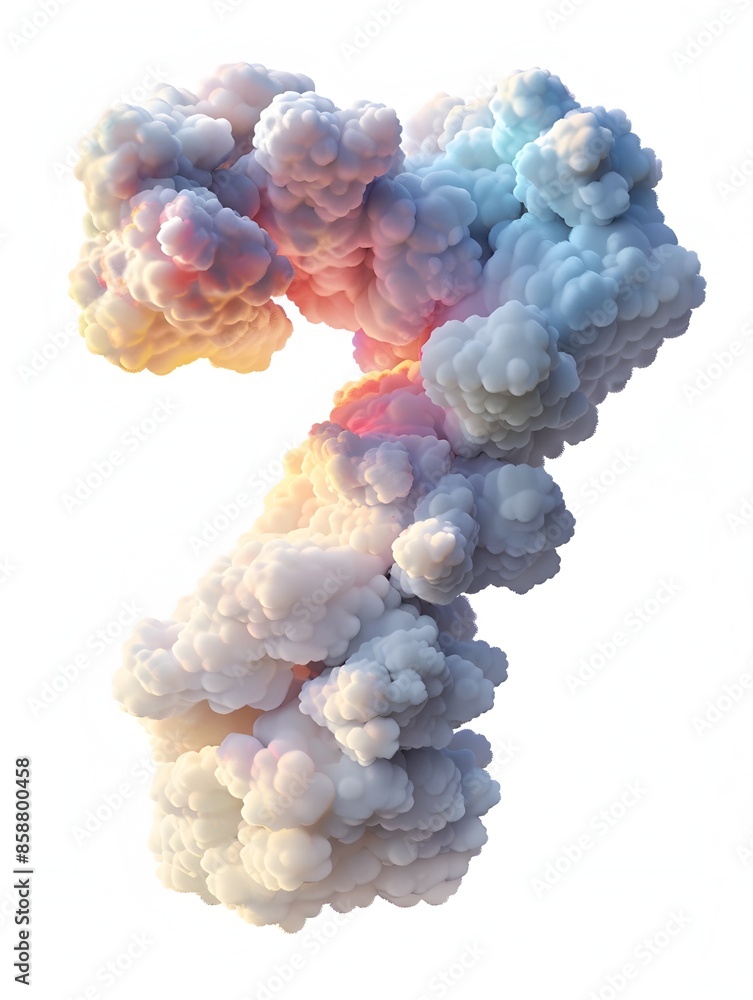 Poster soft and colorful 3d rendered fluffy clouds shaped like the number 7