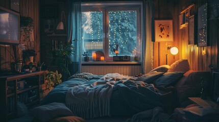 A luxurious bedroom scene with a comfortable nighttime atmosphere: an atmosphere of tranquility and solitude as the day surrenders to the night. Cozy rooms with carefully selected home decor 
