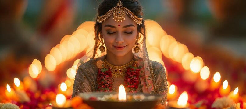Indian girl in traditional attire at a festival surrounded by candles and lamps. Diwali, Gudi Padwa. Wedding. Banner, poster, background. With copy space