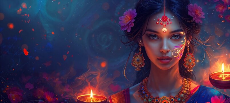 Indian girl in traditional attire at a festival surrounded by candles and lamps. Diwali, Gudi Padwa. Wedding. Banner, poster, background. With copy space 
